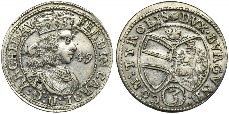 Austria, Ferdinand Karl, 3 Kreuzer Hall 1649 Mint state.
 Menniczej świeżości e...