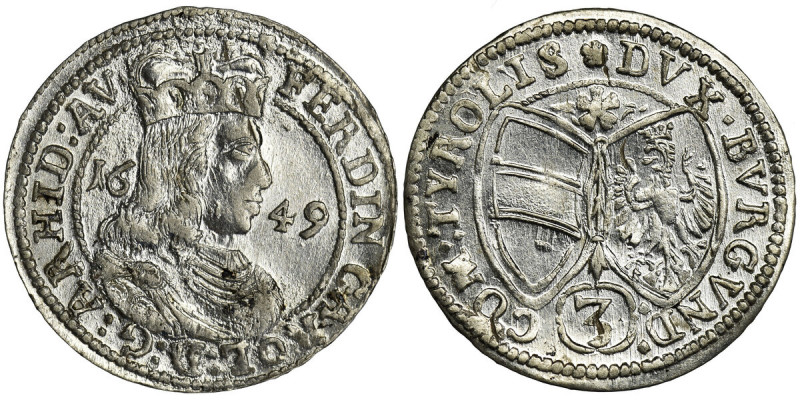 Austria, Ferdinand Karl, 3 Kreuzer Hall 1649 Very pretty coin with strong mint g...