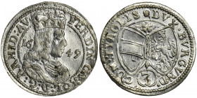 Austria, Ferdinand Karl, 3 Kreuzer Hall 1649 Very pretty coin with strong mint glow.
 Bardzo ładna z mocnym menniczym blaskiem. Reference: Moser-Turs...