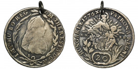 Austria, Maria Theresa, 20 Kreuzer Kremnitz 1776 B Coin with hole and pendant.
 
 Moneta z dziurką i zawieszką.
Reference: Herinek 983 

AustriaC...