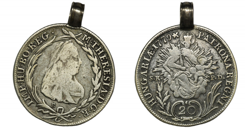 Austria, Maria Theresa, 20 Kreuzer Kremnitz 1779 B Coin with pendant.
 
 Monet...