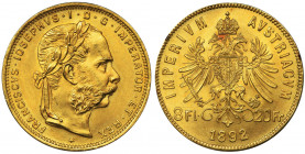 Austria, Franz Joseph I, 8 Floren = 20 Francs Wien 1892 Gold '900'.
 Złoto próby '900'. Waga 6.5 g Reference: Friedberg 502R
Grade: UNC 

Austria ...