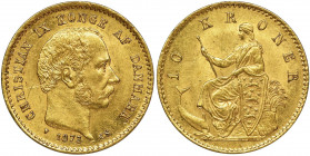 Denmark, Christian IX, 10 Kroner København 1873 Waga 4.5 g Reference: Hede 9, Friedberg 296
Grade: AU 

Gold Denmark COINS WORLD EUROPE MEDALS