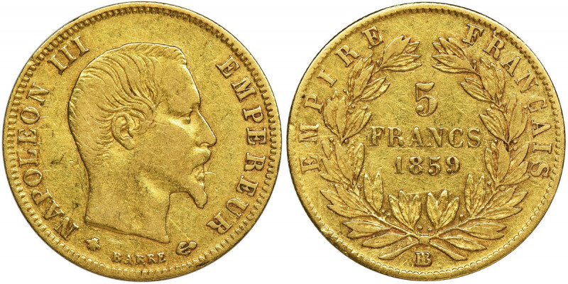 France, Napoleon III, 5 Francs Strasburg 1859 BB Waga 1.6 g Reference: Gadoury 1...