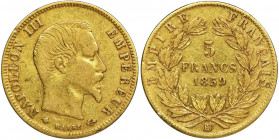 France, Napoleon III, 5 Francs Strasburg 1859 BB Waga 1.6 g Reference: Gadoury 1001, Friedberg 579
Grade: VF+ 

GoldCOINS WORLD EUROPE MEDALS Franc...