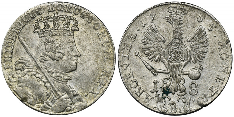 Germany, Kingdom of Prussia, Friedrich II, 18 Groschen Breslau 1755 B Variety wi...
