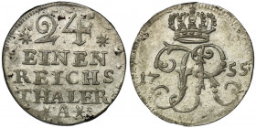 Germany, Kingdom of Prussia, Friedrich II, 1/24 Thaler Berlin 1755 A Variety with stars.
 Odmiana z gwiazdkami.
Reference: Olding 137
Grade: XF- 
...