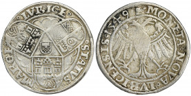 Germany, Lübeck, Mark 1549 Mark with the shields of Lüneburg, Wismar and Hamburg, mintmaster Joachim Tiele.

 Marka z tarczami Lüneburga, Wismaru i ...