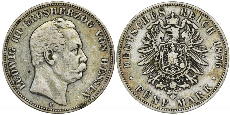 Germany, Hessen, Darmstadt, Ludwig III, 5 Mark Darmstadt 1876 H - RARE Less comm...