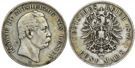 Germany, Hessen, Darmstadt, Ludwig III, 5 Mark Darmstadt 1876 H - RARE Less common type of five mark. The second and last minting year. Rzadszy typ pi...