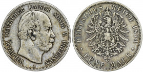 Germany, Kingdom of Prussia, Wilhelm I, 5 Mark Berlin 1874 A Circular piece. Obiegowa sztuka.
Reference: AKS 114, Jaeger 97
Grade: VF 

Germany De...