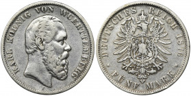 Germany, Württemberg, Karl von Württemberg, 5 Mark Stuttgart 1876 F Reference: AKS 139, Jaeger 173
Grade: VF 

Württemberg Germany DeutschlandCOINS...