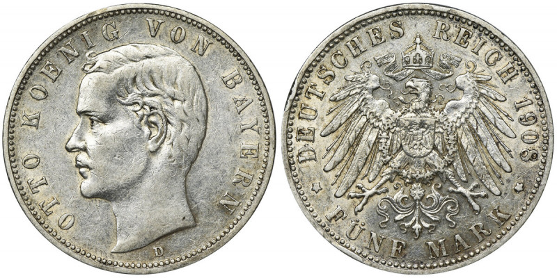 Germany, Bavaria, Otto, 5 Mark Munich 1908 D Zachowany, zegarowy połysk. Referen...