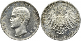 Germany, Bavaria, Otto, 3 Mark Munich 1908 D Moneta po inwazyjnym wymyciu. Nienaturalny połysk, ale dobry detal. Reference: AKS 202, Jaeger 47
Grade:...