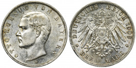 Germany, Bavaria, Otto, 3 Mark Munich 1909 D Ładnie zachowana moneta. Przyjemny, zegarowy połysk. Reference: AKS 202, Jaeger 47
Grade: XF- 

German...
