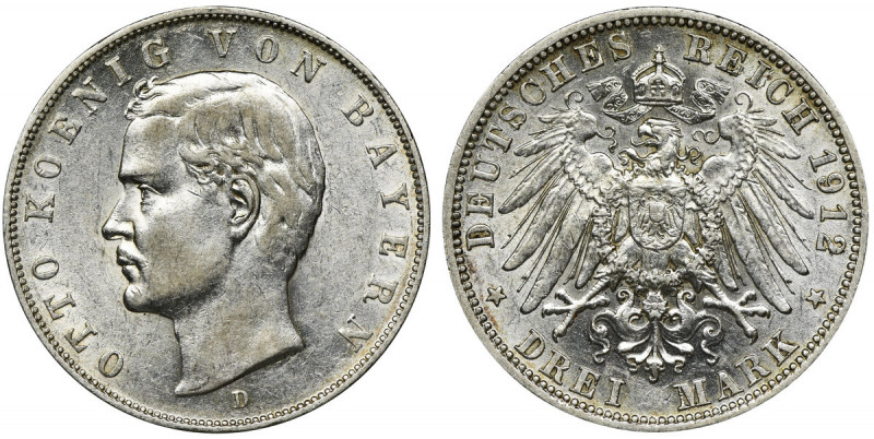 Germany, Bavaria, Otto, 3 Mark Munich 1912 D Ładna moneta. Głęboki zegarowy poły...