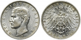 Germany, Bavaria, Otto, 3 Mark Munich 1912 D Ładna moneta. Głęboki zegarowy połysk. Reference: AKS 202, Jaeger 47
Grade: XF/XF- 

Germany Deutschla...