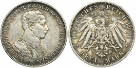 Germany, Kingdom of Prussia, Wilhelm II, 3 Mark Berlin 1914 Bust of emperor in uniform.
 Popiersie cesarza w mundurze. 
Reference: AKS 132, Jaeger 1...