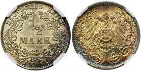 Germany, Kingdom of Prussia, Wilhelm II, 1/2 mark Berlin 1906 A - NGC MS64 Menniczy egzemplarz w pięknej patynie. Reference: AKS 6, Jaeger 16
Grade: ...