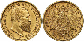 Germany, Wirtemberg, Wilhelm II, 20 Mark Stuttgart 1900 F Zdrowy egzemplarz. Waga 7.9 g Reference: AKS 141, Jaeger 296, Friedberg 3876
Grade: XF 

...
