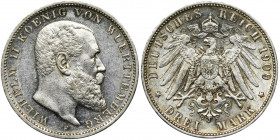 Germany, Wirtemberg, Wilhelm II, 3 Mark Stuttgart 1909 F Very nice piece. Świeże, mocne lustro z delikatnym efektem lustrzanki. Bardzo ładna moneta. R...