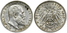 Germany, Württemberg, Wilhelm II, 3 Mark Stuttgart 1910 F Ładna moneta. Reference: AKS 144, Jaeger 175
Grade: XF 

Germany DeutschlandCOINS WORLD E...