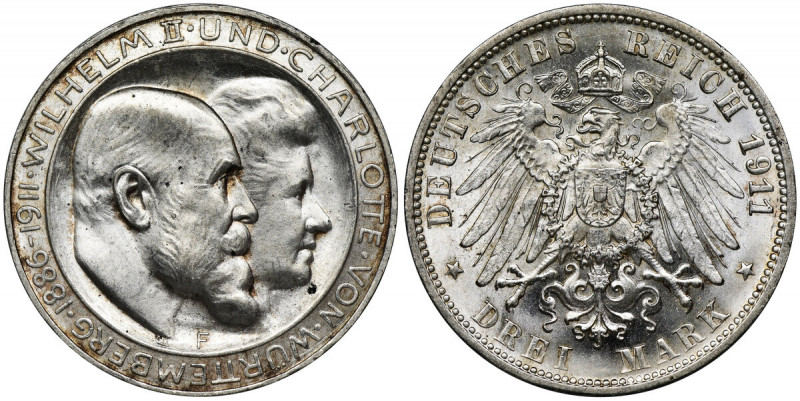 Germany, Wirtemberg, William II, 3 mark Stuttgart 1911 F Coin was minted on the ...