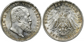 Germany, Württemberg, Wilhelm II, 3 Mark Stuttgart 1912 F Attractive piece with mint luster.
 Menniczej świeżości egzemplarz z głębokim zegarowym poł...