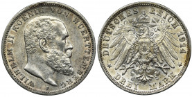 Germany, Wirtemberg, Wilhelm II, 3 Mark Stuttgart 1914 F Ładna moneta z zegarowym połyskiem. Reference: AKS 144, Jaeger 175
Grade: XF 

Germany Wir...