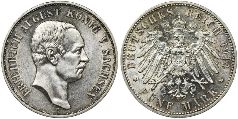 Germany, Saxony, Friedrich August III, 5 Mark Muldenhütten 1914 E Very well pres...