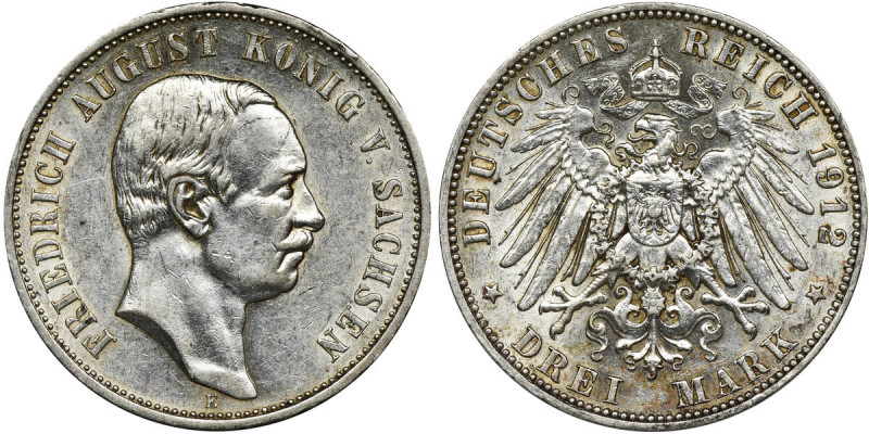 Germany, Saxony, Friedrich August III, 3 Mark Muldenhütten 1912 E Reference: AKS...