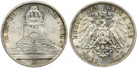 Germany, Saxony, Friedrich August III, 3 Mark Muldenhütten 1913 E Emission issued on the occasion of the 100th anniversary of the victory at Leipzig a...