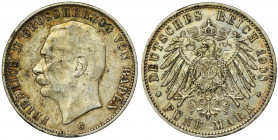 Germany, Baden, Friedrich II, 5 Mark Karlsruhe 1908 G Reference: AKS 164, Jaeger 40
Grade: VF+/XF- 

Germany Baden FriedrichCOINS WORLD EUROPE MEDA...