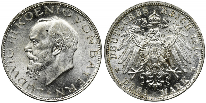 Germany, Bavaria, Ludwig III, 3 Mark Munich 1914 D Piękna, menniczej świeżości m...