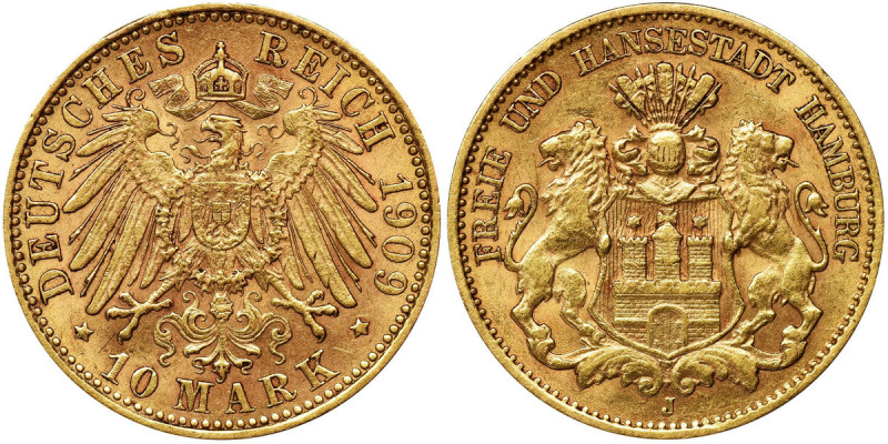 Germany, City of Hamburg, 10 Mark 1909 J W czasie wybijania złotych monet przez ...