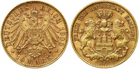 Germany, City of Hamburg, 10 Mark 1909 J W czasie wybijania złotych monet przez hanzeatyckie miasta, Prusy były dominującą siłą w Europie i szczyciły ...