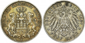 Germany, Hamburg, 5 Mark 1907 J City issue of Hamburg. Emisja miejska, miasta Hamburg. Reference: AKS 45, Jaeger 65
Grade: VF/VF+ 

Hamburg mark Ge...