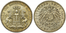 Germany, Hamburg, 5 Mark 1913 J City issue of Hamburg. Emisja miejska, miasta Hamburg. Atrakcyjna sztuka. Głęboki zegarowy połysk.&nbsp; Równomierna, ...