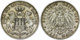 Germany, Hamburg, 3 Mark 1909 J City issue of Hamburg. Emisja miejska, miasta Hamburg. Reference: AKS 46, Jaeger 64
Grade: VF+ 

Hamburg mark Germa...