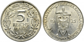 Germany, Weimar Republic, 5 Mark Munich 1925 D Emission issued on the occasion of the 1000th anniversary of the annexation Rhineland to Germany.
 Emi...