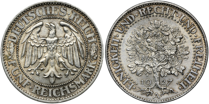 Germany, Weimar Republic, 5 Mark Berlin 1927 A Characteristic issue with oak on ...