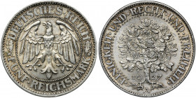 Germany, Weimar Republic, 5 Mark Berlin 1927 A Characteristic issue with oak on the reverse.

 Charakterystyczna emisja z dębem na rewersie. Ładnie ...
