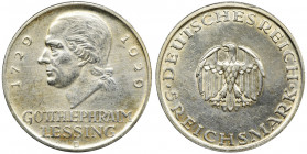 Germany, Weimar Republic, 5 Mark Munich 1929 D Issue on the occasion of the 200th anniversary of the birth writer Gotthold Ephraim Lessing.
 Emisja w...