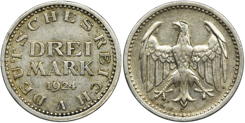 Germany, Weimar Republic, 3 Mark Berlin 1924 A Reference: AKS 30, Jaeger 312
Gr...