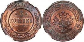 Russia, Alexander III, 3 Kopecks Petersburg 1881 СПБ - NGC MS64 RB Piękna, mennicza trzykopiejkówka w pożądanym kolorze czerwono-brązowym. Intensywny ...