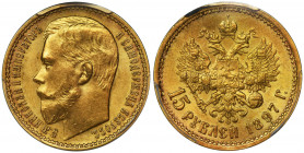 Russia, Nicholas II, 15 Roubles Petersburg 1897 AГ - PCGS MS63 Beautifully preserved specimen. Variety with letters extending to Tsar neck.



 Pi...