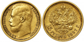 Russia, Nicholas II, 15 Rouble Petersburg 1897 AГ Nice piece with a lot of luster.&nbsp; Coraz trudniej dostępny nominał.&nbsp; Ładny połyskowy egzemp...