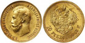 Russia, Nicholas II, 10 Rubles Petersburg 1903 A•P Gold probe '900'.
 Złoto próby '900'. Waga 8.7 g

Reference: Bitkin 11, Friedberg 179
Grade: AU...