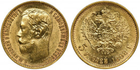 Russia, Nicholas II, 5 Roubles Petersburg 1898 A•Г Mint piece. Pięknie zachowane. Waga 4.3 g Reference: Bitkin 20, Friedberg 180
Grade: AU/UNC 

Ru...