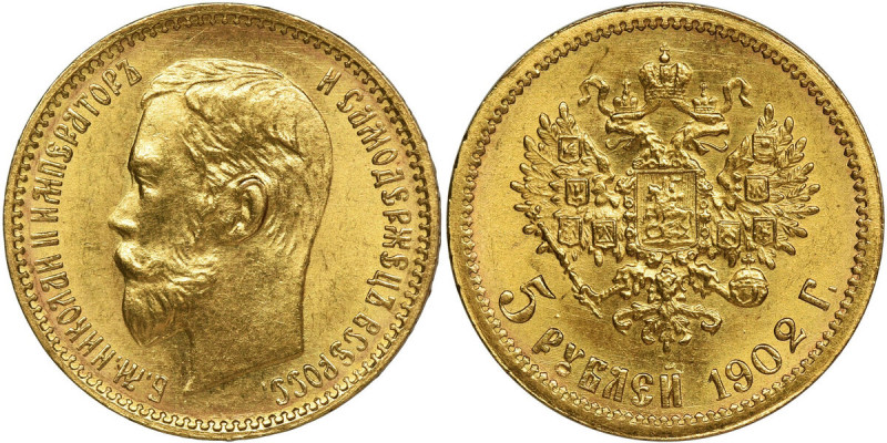 Russia, Nicholas II, 5 Roubles Petersburg 1902 A•P Pięknie zachowane. Waga 4.3 g...